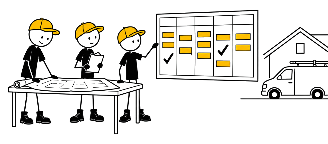 A remodeling business owner calmly reviewing a project schedule with two crew members